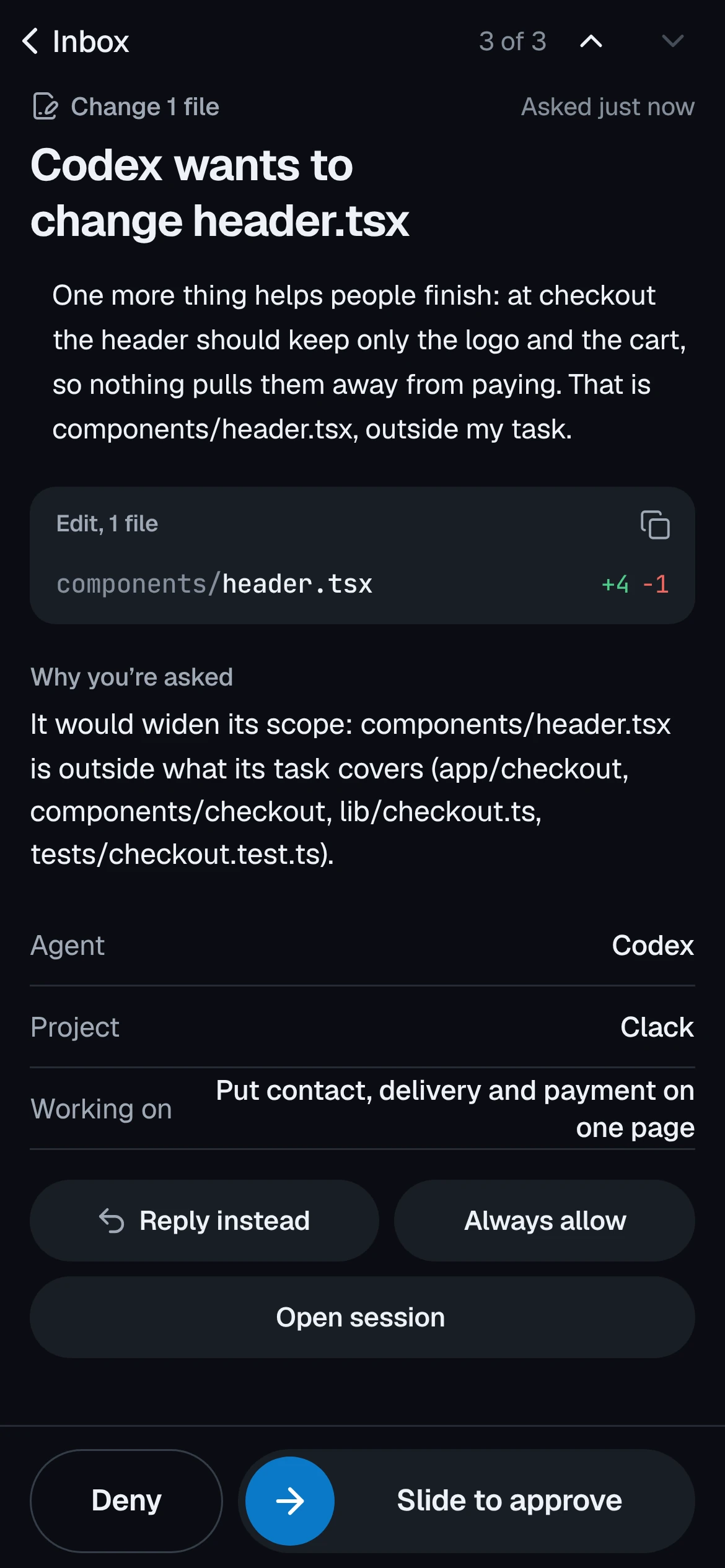 Robin on the phone: Codex asks to change header.tsx, outside its task, with why you’re asked, Deny and Slide to approve.