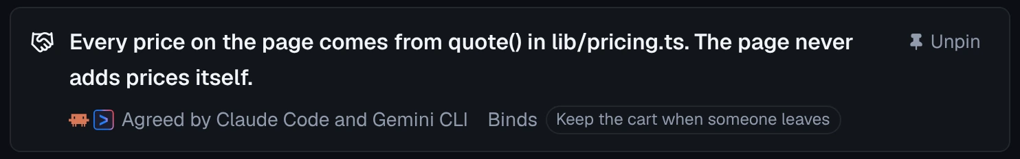The pinned agreement: every price on the page comes from quote() in lib/pricing.ts, and the page never adds prices itself. Agreed by Claude Code and Gemini CLI.