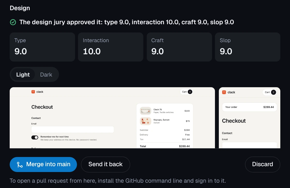 The design jury approved it, with its four scores and its shots of the checkout on the desktop and the phone, then Merge into main, Send it back and Discard.