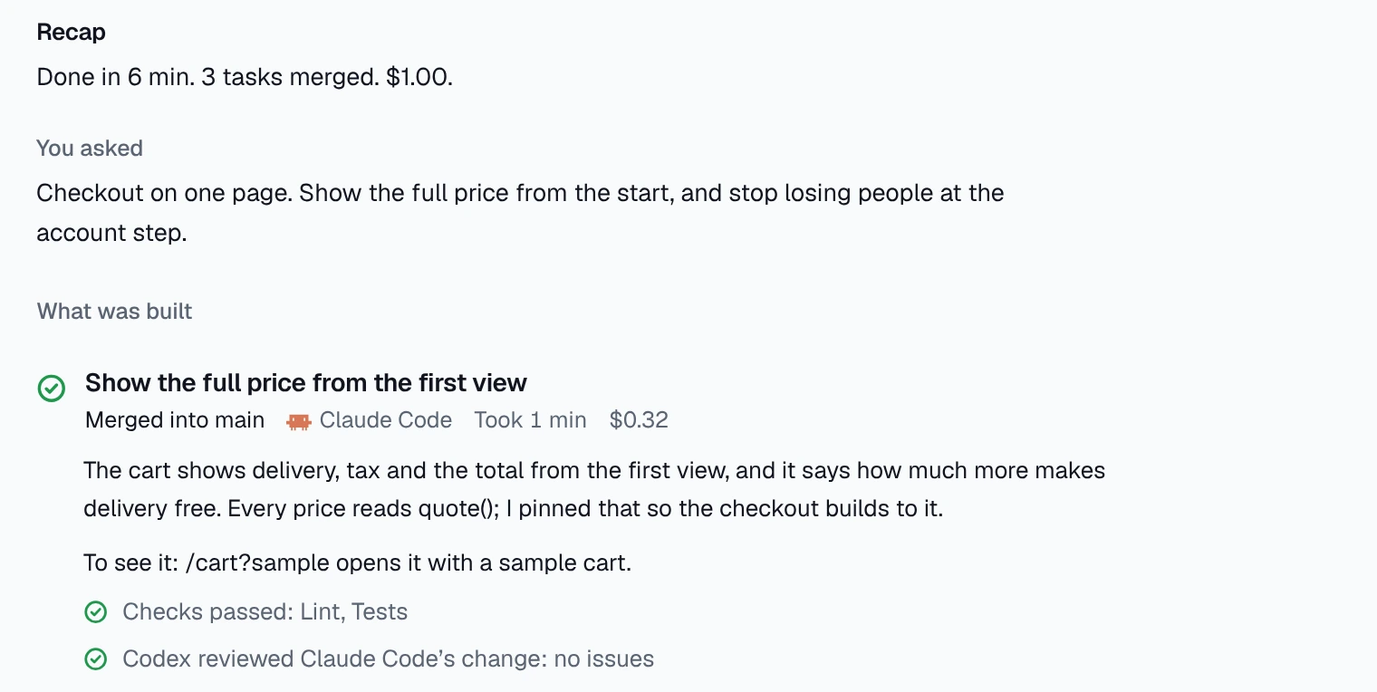 Done in 6 min, 3 tasks merged, $1.00; what you asked; and the first task, merged into main by Claude Code in a minute for $0.32, with its own account of what it built.