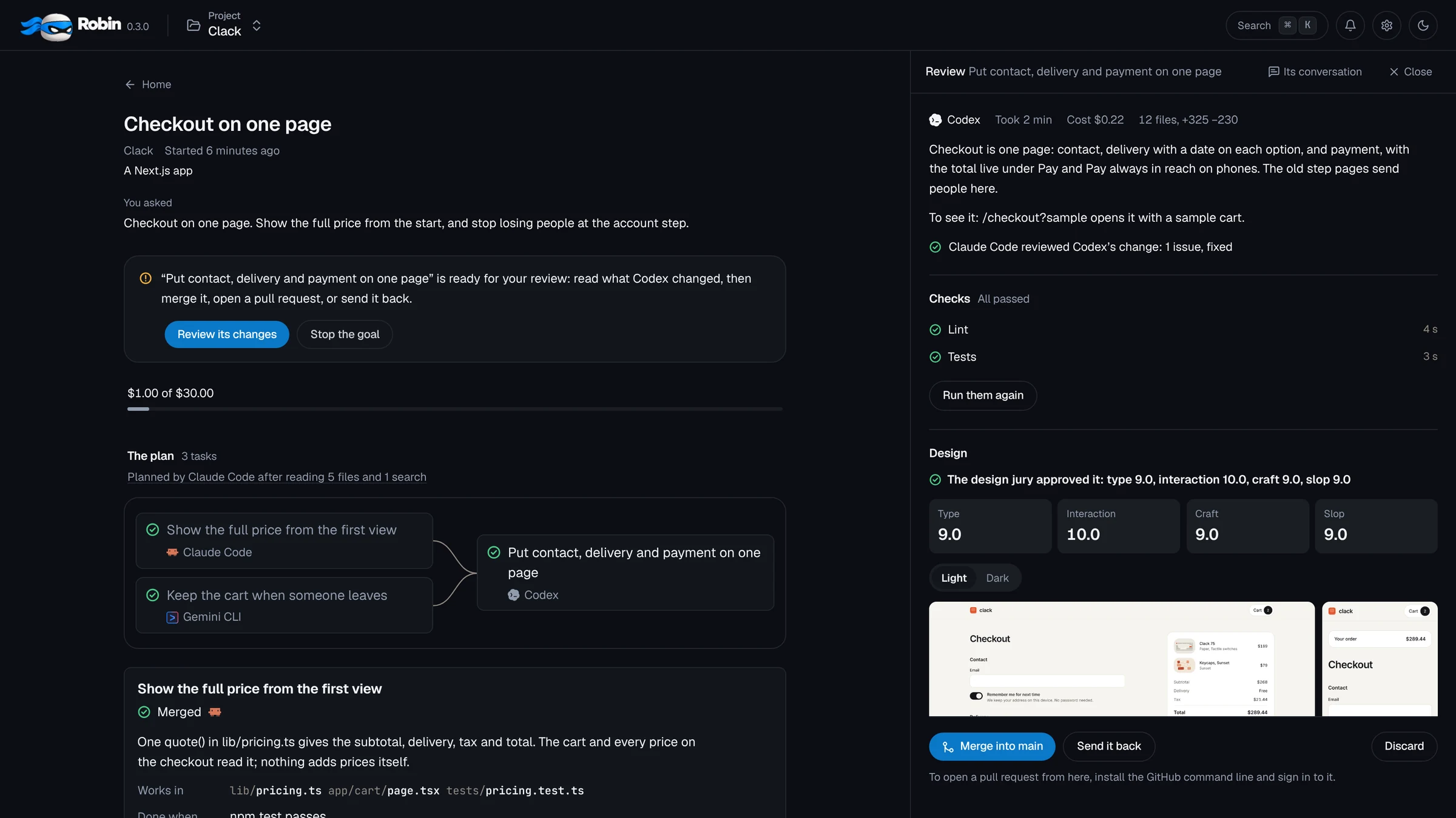 Codex’s checkout ready for review beside its goal: its summary, Claude Code’s review with one issue fixed, lint and tests passed, the design jury’s scores and its shots of the checkout, and Merge into main.