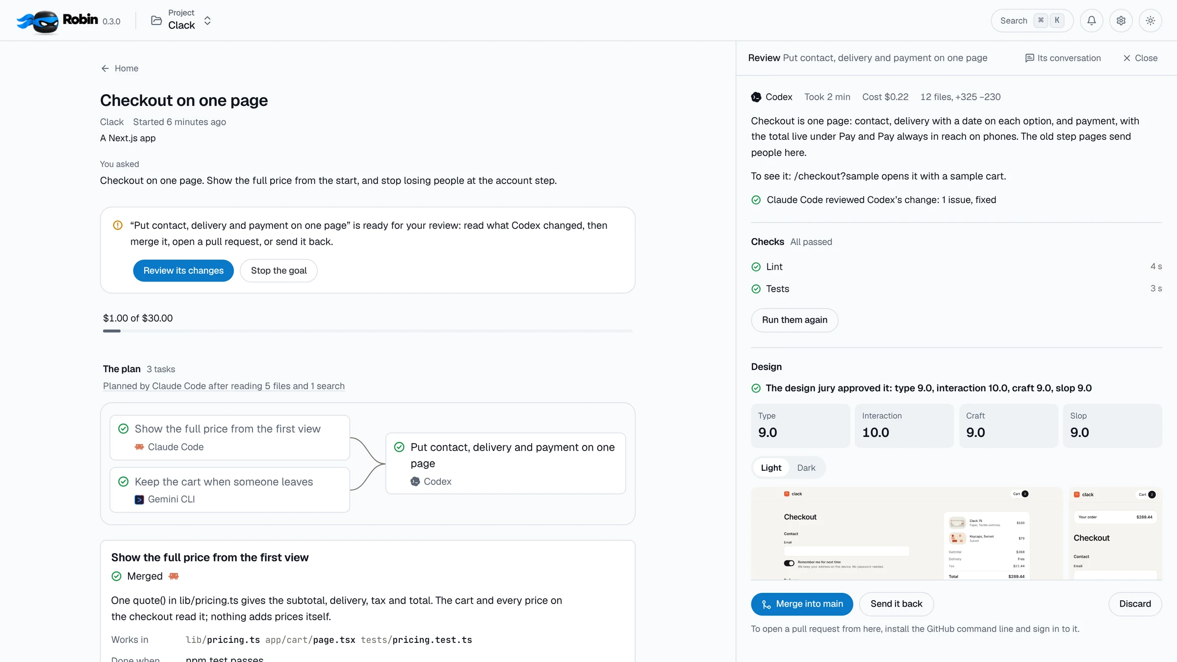Codex’s checkout ready for review beside its goal: its summary, Claude Code’s review with one issue fixed, lint and tests passed, the design jury’s scores and its shots of the checkout, and Merge into main.